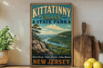 A vintage-style sign for Kittatinny Valley State Park in New Jersey, featuring a scenic landscape with a river and mountains.