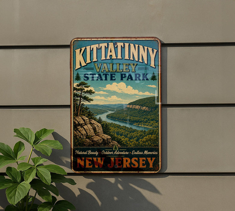A vintage metal sign for Kittatinny Valley State Park, featuring a scenic landscape with a river and mountains.