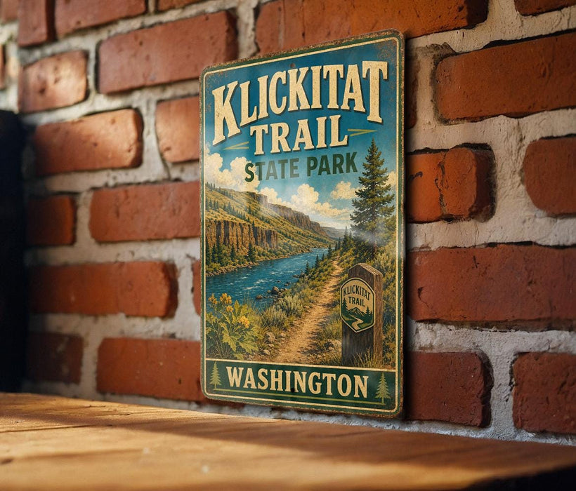 A vintage-style metal sign for Klickitat Trail, located in Washington State Park, is displayed on a brick wall.