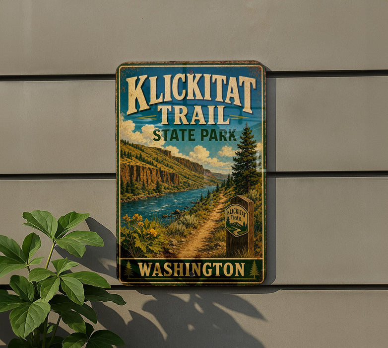A metal sign for Klickitat Trail State Park in Washington, featuring a scenic mountain landscape with a river and pine trees.