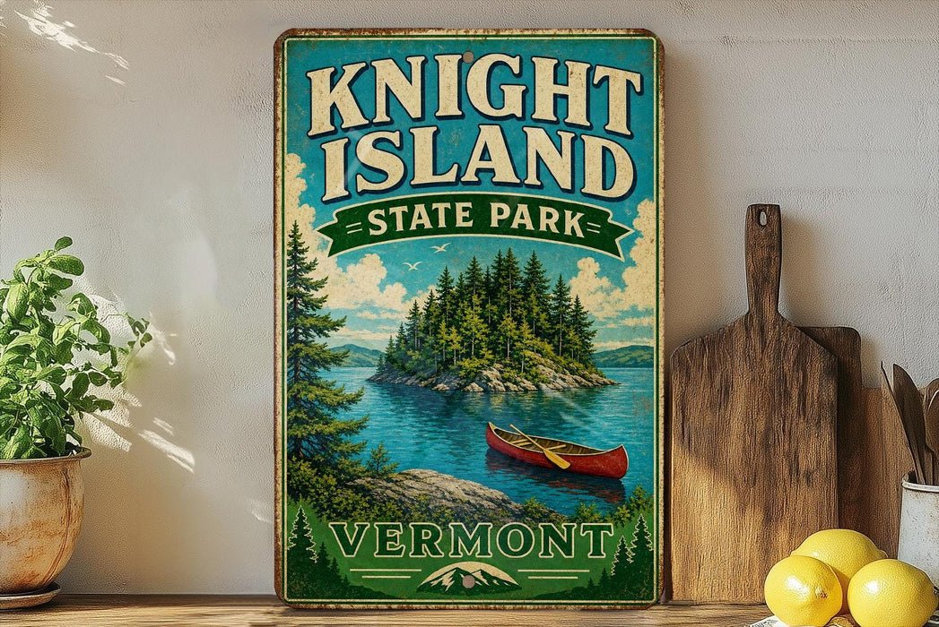 A vintage-style sign for Knight Island State Park in Vermont, featuring a scenic illustration of a lake, island, and canoe.