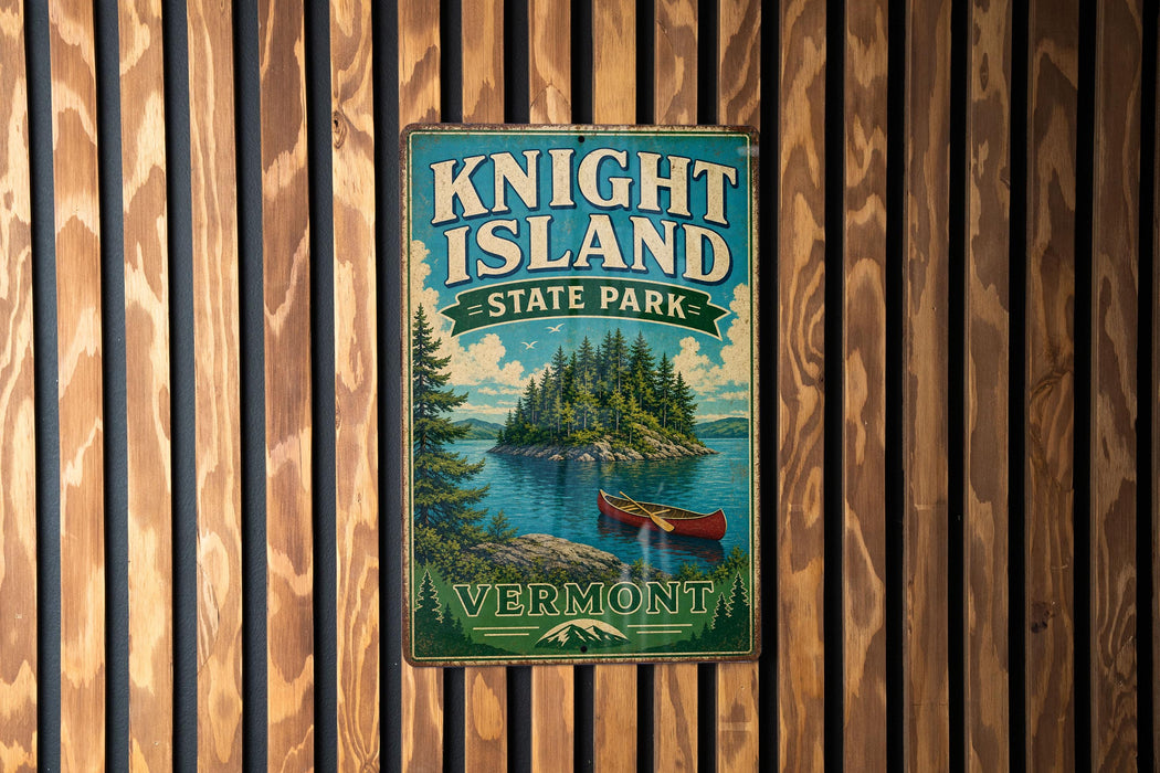 A vintage metal sign for Knight Island State Park in Vermont, featuring a scenic illustration of a lake, island, and canoe.