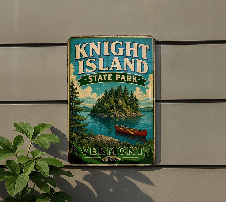A vintage-style sign for Knight Island State Park in Vermont, featuring a scenic illustration of a lake, island, and canoe.