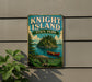 A vintage-style sign for Knight Island State Park in Vermont, featuring a scenic illustration of a lake, island, and canoe.