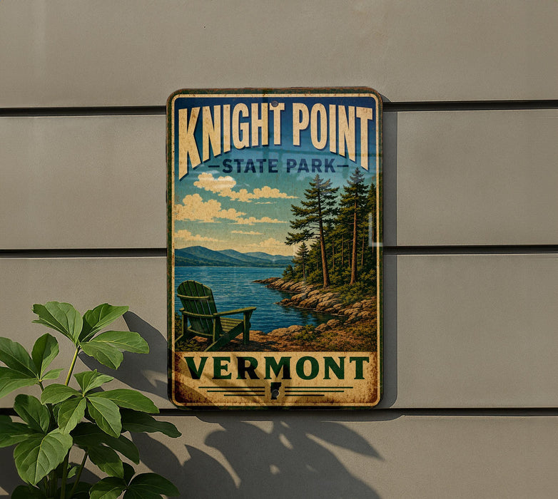 A vintage-style sign for Knight Point State Park in Vermont, featuring a scenic landscape with a lake, mountains, and pine trees.