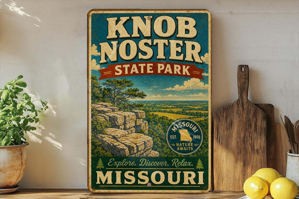 A vintage-style sign for Knob Noster State Park in Missouri, featuring a scenic landscape with mountains and a river.