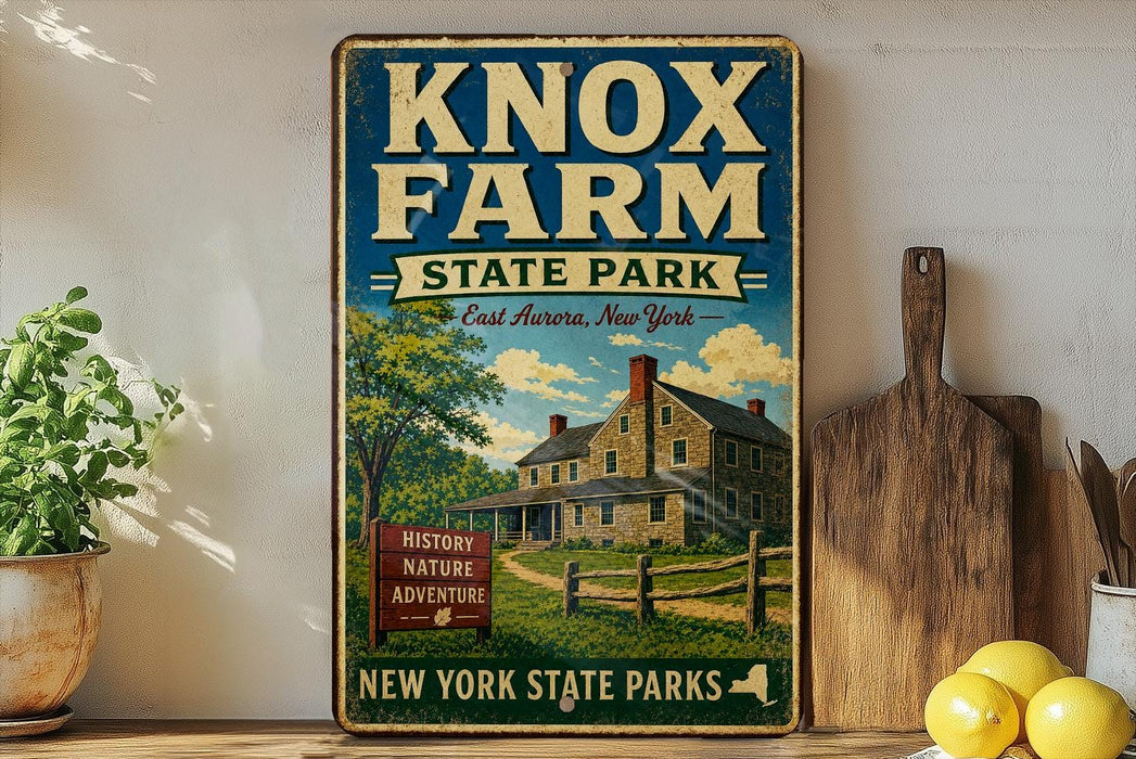 A vintage-style sign for Knox Farm State Park in New York, featuring a house and trees in the background.