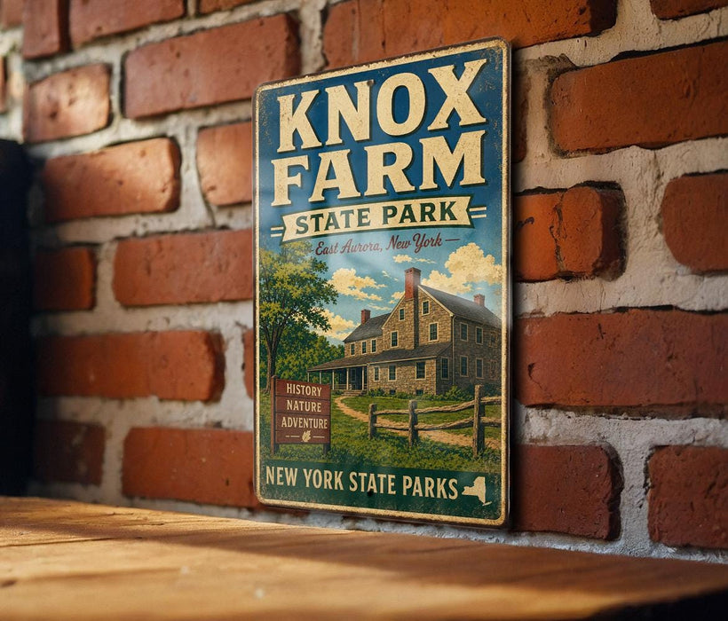 A vintage-style metal sign for Knox Farm State Park, featuring a brick wall and a wooden table in the background.