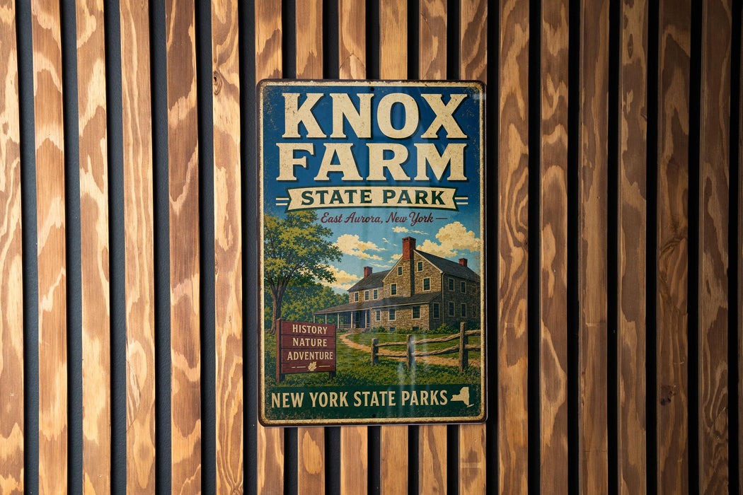 A vintage-style metal sign for Knox Farm State Park, featuring a house and trees, is displayed on a wooden wall.