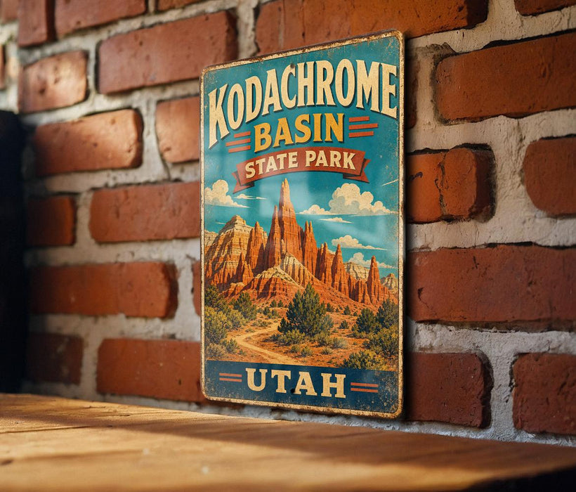 A vintage-style metal sign displaying the name "Kodachrome Basin State Park" and the location "UTAH" is mounted on a brick wall.