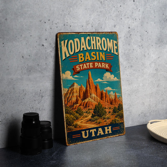 A vintage-style sign for Kodachrome Basin State Park in Utah, featuring a desert landscape with mountains and a blue sky.