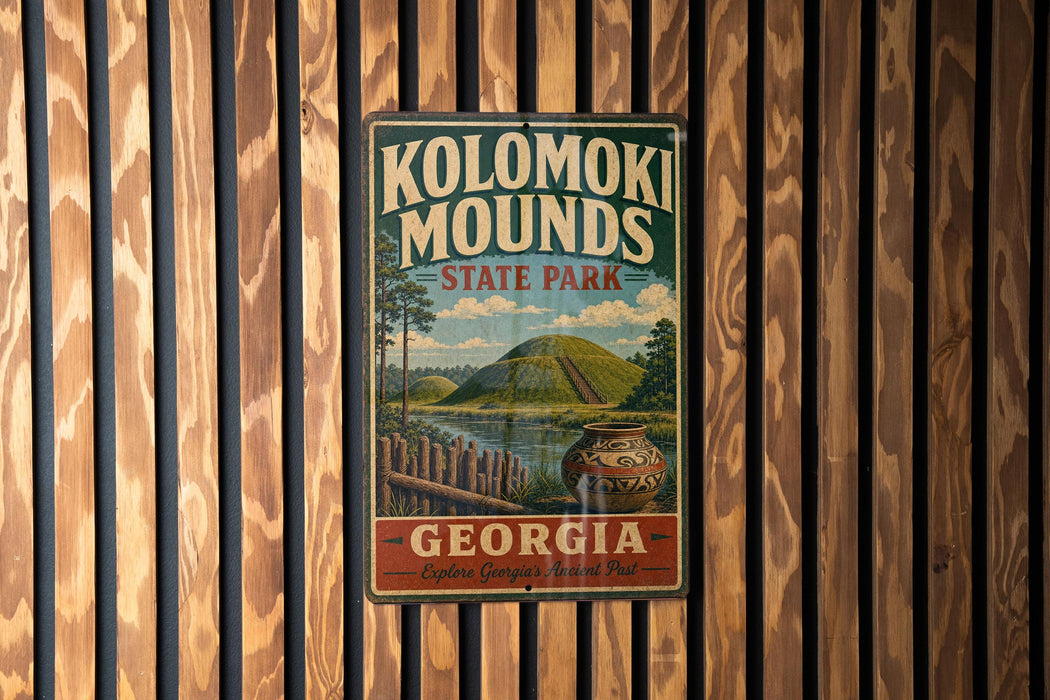 A vintage metal sign for Kolomaki Mounds State Park in Georgia, featuring a scenic landscape with a hill, river, and a pottery piece.
