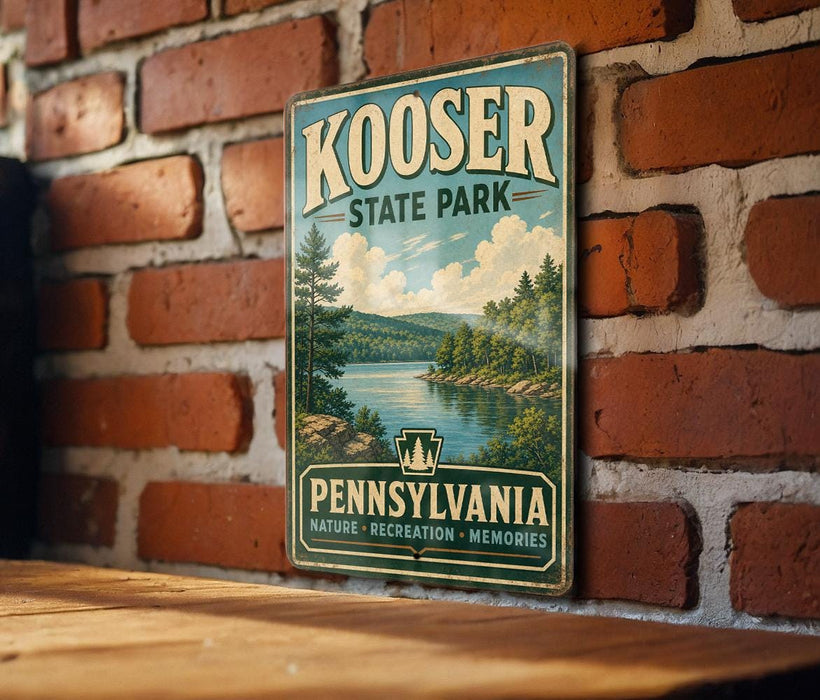 A vintage metal sign for Kooser State Park in Pennsylvania, featuring a scenic landscape with a lake and mountains.