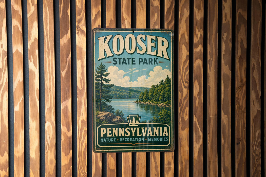 A vintage metal sign for Kooser State Park in Pennsylvania, featuring a scenic landscape with a lake and mountains.