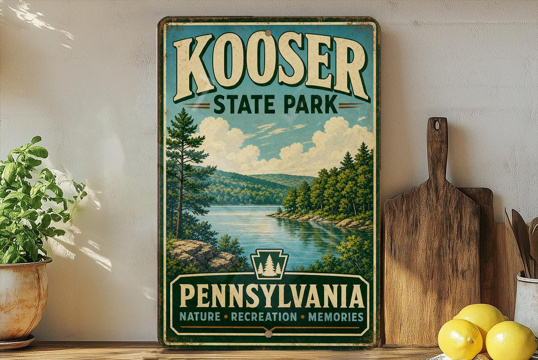 A vintage-style metal sign for Kooser State Park in Pennsylvania, featuring a scenic landscape with a lake and forest.