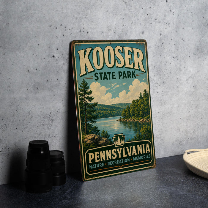 A vintage-style metal sign for Koser State Park in Pennsylvania, featuring a scenic landscape with a lake and forest.