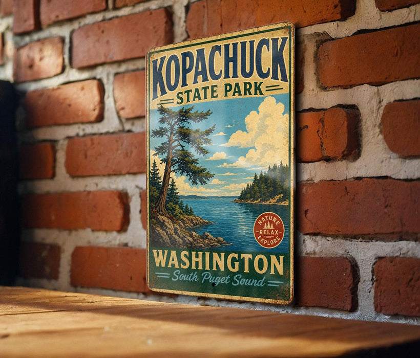 A vintage-style metal sign for Kopachuck State Park in Washington, featuring a scenic landscape with a lake and mountains.