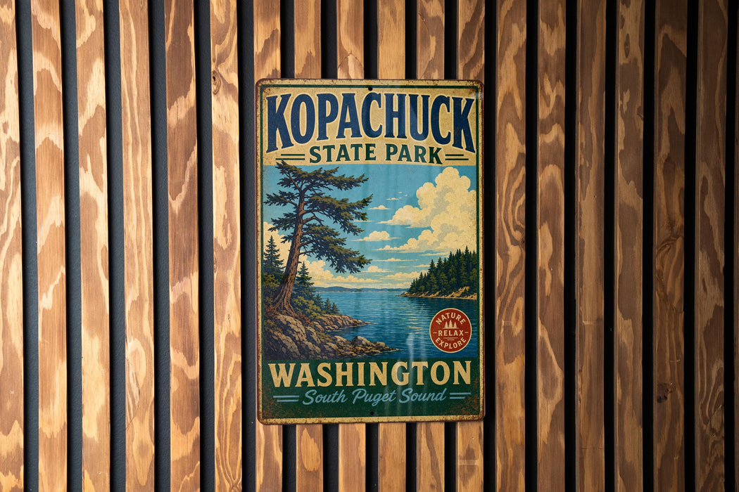 A vintage metal sign for Kopachuck State Park in Washington, featuring a scenic landscape with a lake and pine trees.