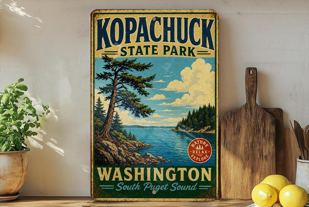 A vintage-style sign for Kopachuck State Park in Washington, featuring a scenic landscape with a lake, pine trees, and mountains.