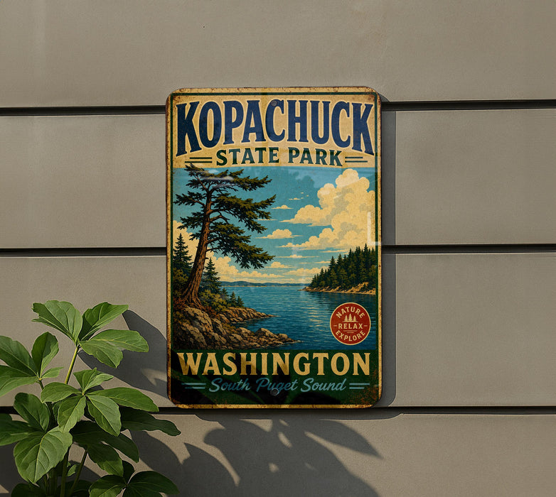 A vintage-style sign for Kopachuck State Park, featuring a scenic landscape with a lake, pine trees, and mountains.