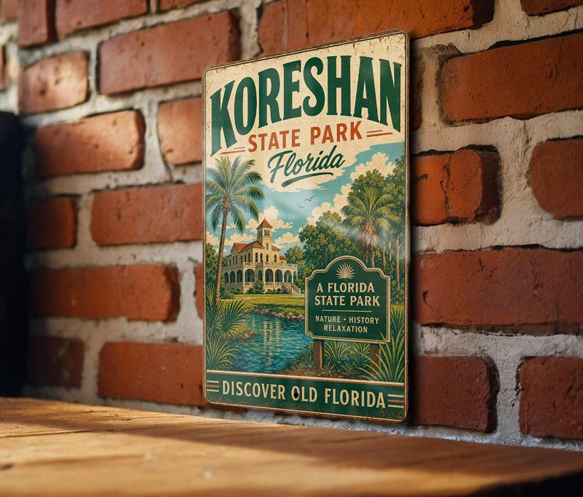 A vintage-style metal sign for Koreshan State Park in Florida, featuring a palm tree and a building, is displayed on a brick wall.
