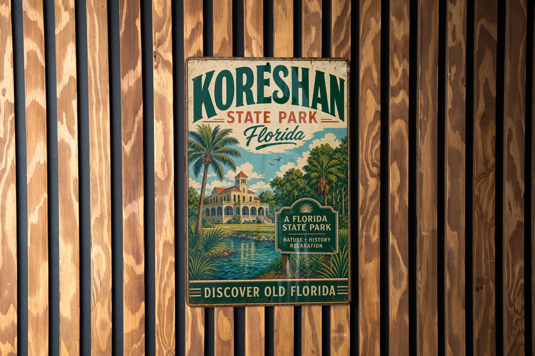 A vintage metal sign for Koreshan State Park in Florida, featuring a tropical landscape with palm trees and a building, is displayed on a wooden wall.