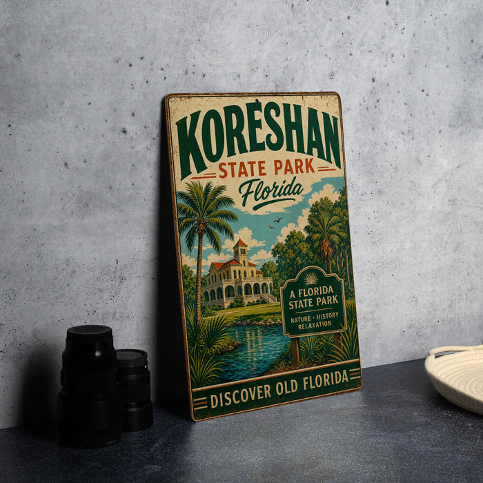 A vintage-style metal sign for Koreshan State Park in Florida, featuring a palm tree and a building, is displayed on a gray countertop next to some black camera lenses.