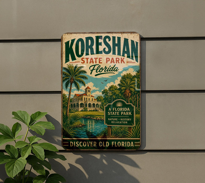 A vintage-style sign for Koreshan State Park in Florida, featuring a tropical landscape with palm trees, a building, and a body of water.