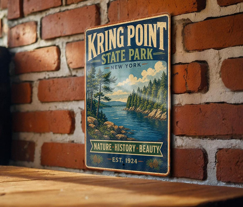 A vintage-style metal sign for Krings Point State Park in New York, featuring a scenic landscape with pine trees, a lake, and mountains.