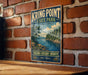 A vintage-style metal sign for Krings Point State Park in New York, featuring a scenic landscape with pine trees, a lake, and mountains.