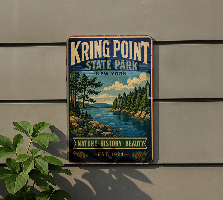 A vintage-style metal sign for Kring Point State Park in New York, featuring a scenic landscape with pine trees, a river, and mountains.