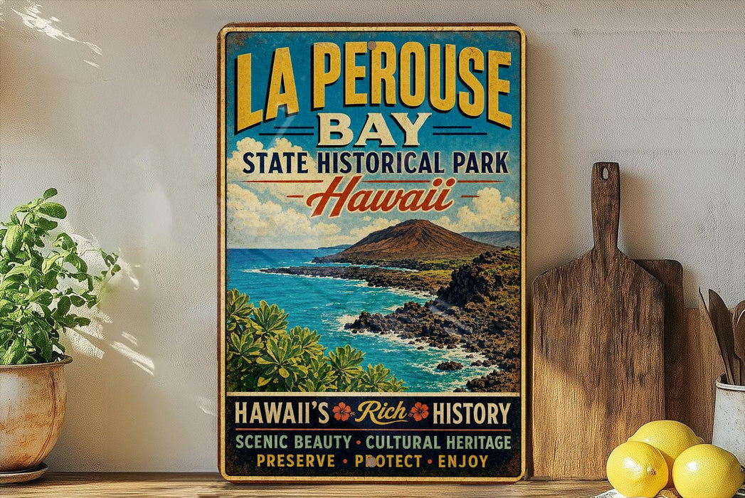 A vintage-style poster advertising La Perouse Bay, a state historical park in Hawaii, featuring a scenic image of the bay and mountains.