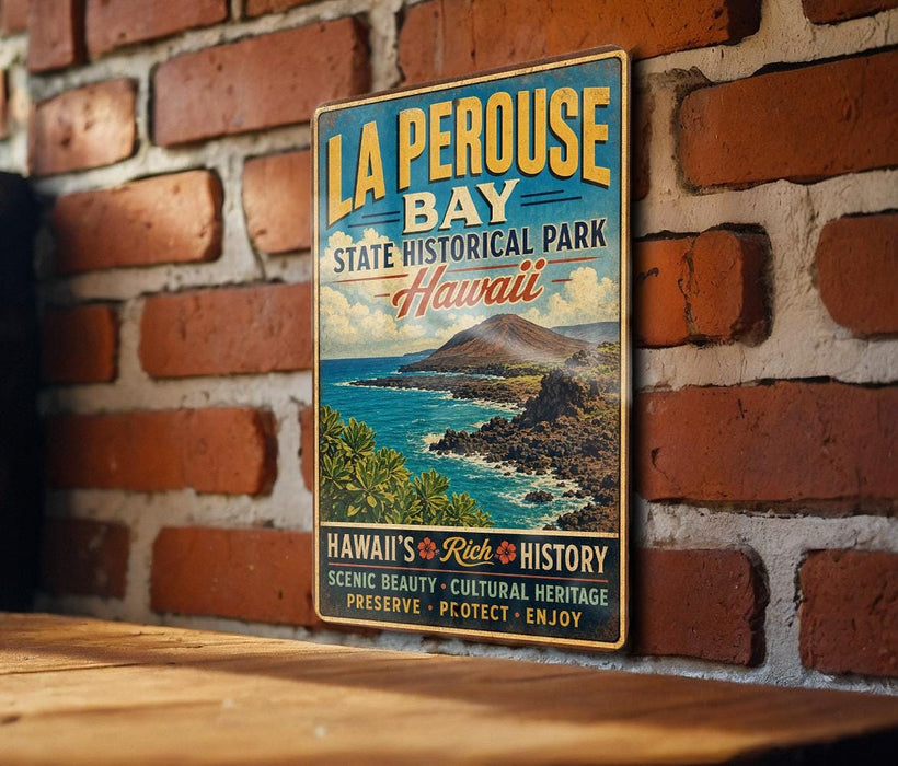 A vintage-style metal sign for La Perouse Bay State Historical Park in Hawaii, featuring a scenic image of the bay and mountains.