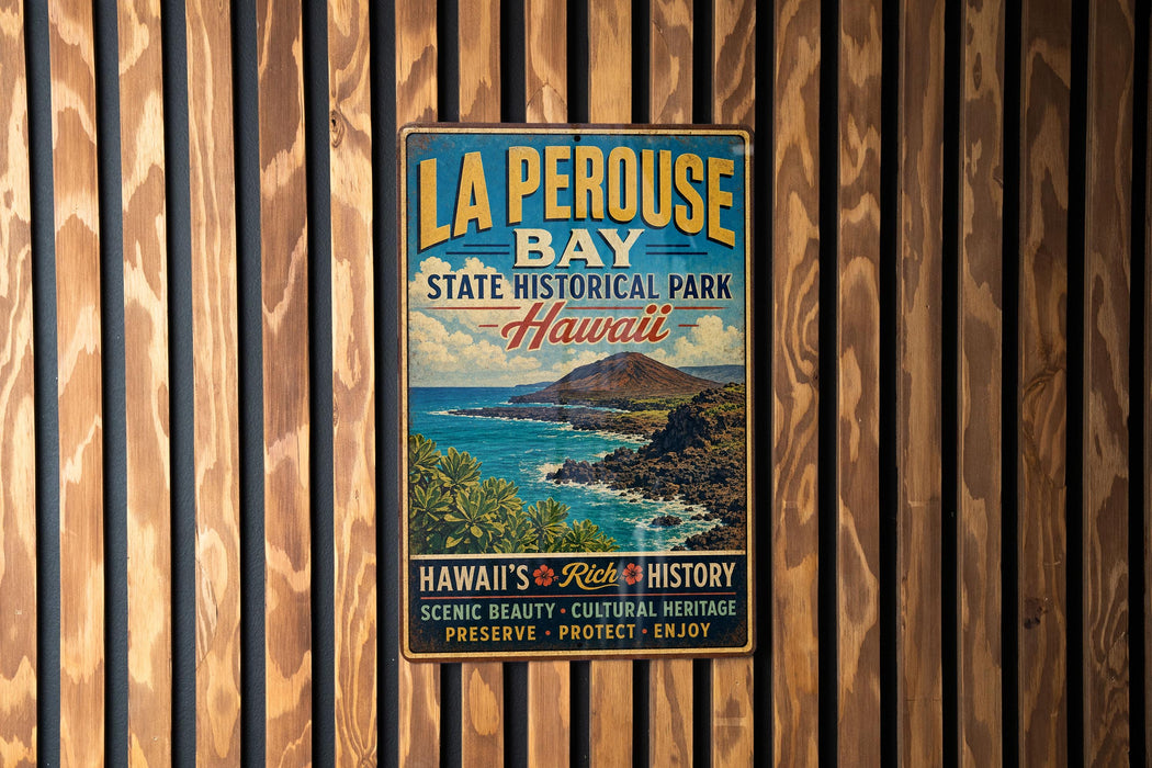 A vintage-style metal sign for La Perouse Bay State Historical Park in Hawaii, featuring a scenic image of the bay and mountains.