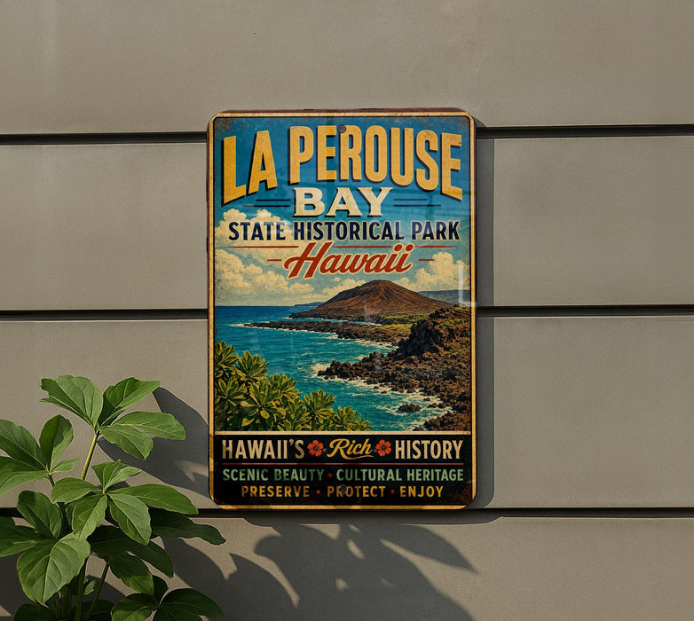 A vintage-style metal sign for La Perouse Bay State Historical Park in Hawaii, featuring a scenic image of the bay and mountains.