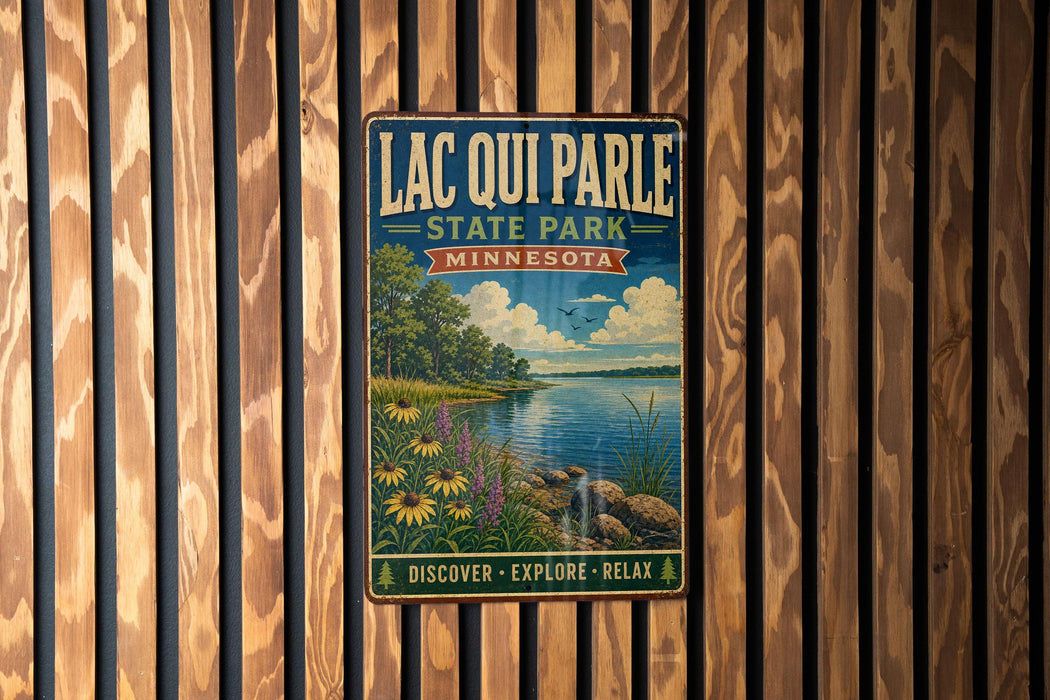 A vintage metal sign for Lacqui Parle State Park in Minnesota, featuring a scenic landscape with a lake, flowers, and a cloudy sky.