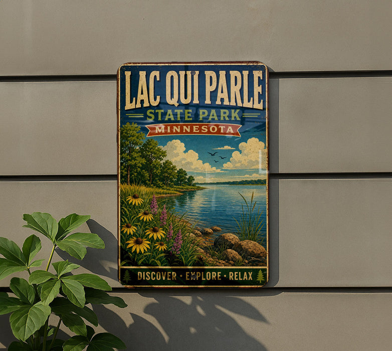 A vintage-style metal sign for Lacqui Parle State Park in Minnesota, featuring a scenic landscape with a lake, trees, and flowers.