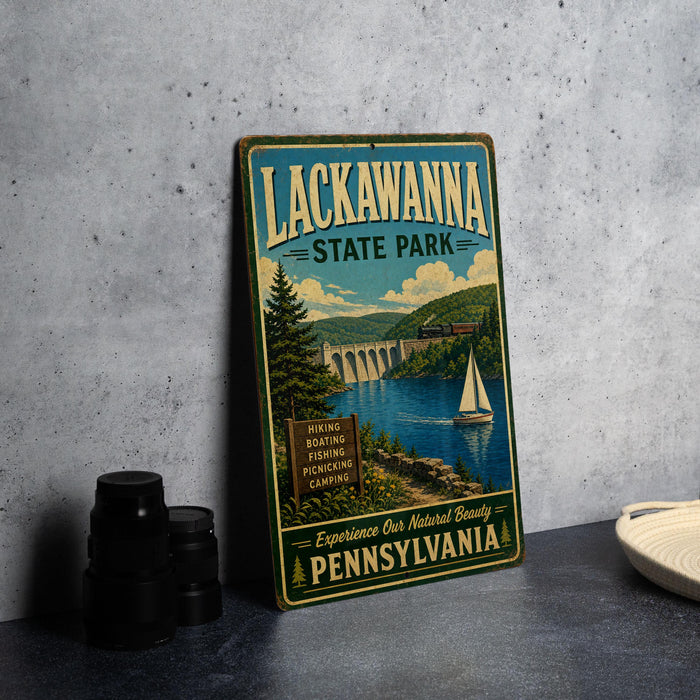 A vintage-style sign for Lackawanna State Park, featuring a scenic illustration of a lake, mountains, and a sailboat.