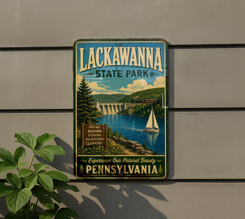 a vintage-style sign for Lackawanna State Park, with a scenic illustration of a river, bridge, and sailboat.