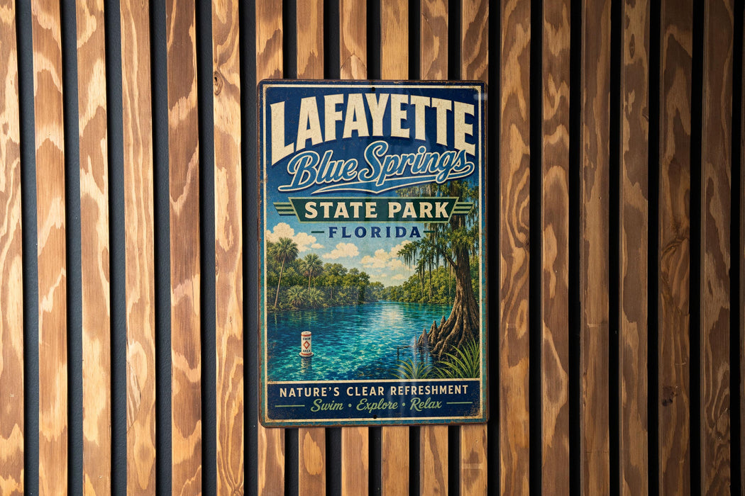 A vintage-style metal sign for Lafayette Blue Springs State Park in Florida, featuring a scenic image of the park's natural surroundings.