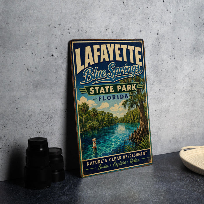 A vintage-style metal sign for Lafayette Blue Springs State Park in Florida, featuring a scenic illustration of the park's natural surroundings.