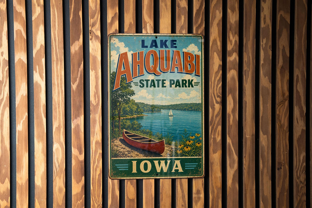A vintage metal sign for Lake Ahwatukee State Park in Iowa, featuring a scenic image of a lake with a canoe and a sailboat.