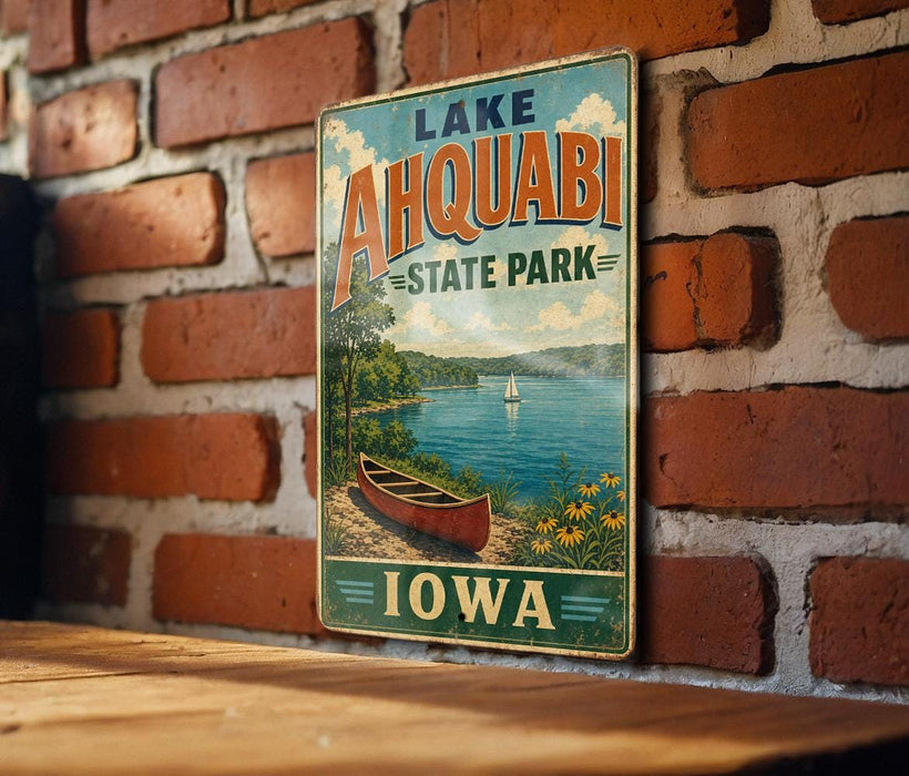 A vintage-style sign for Lake Ahwatukee State Park in Iowa, featuring a scenic image of a lake with a canoe and a sailboat.