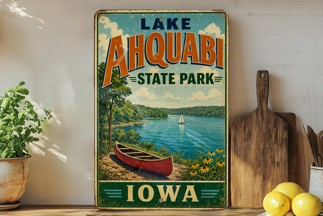 A vintage-style poster advertising Lake Ahwatukee State Park in Iowa, featuring a scenic image of a lake with a red canoe and a sailboat.