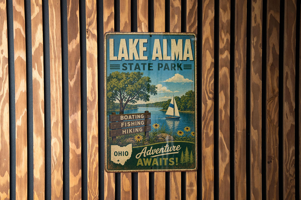 A vintage metal sign for Lake Alma State Park, featuring a scenic image of a lake, trees, and a sailboat, along with the text "BOATING, FISHING, HIKING" and "Adventure Awaits!"