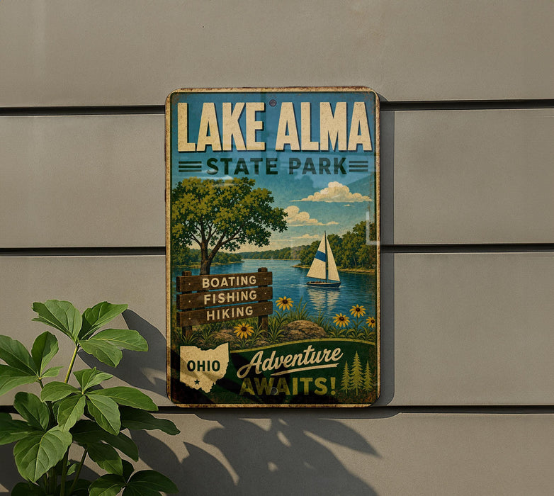 A vintage-style sign for Lake Alma State Park, featuring a sailboat, trees, and a lake, with the text "BOATING FISHING HIKING" and "Adventure Awaits!"