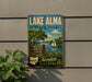 A vintage-style sign for Lake Alma State Park, featuring a sailboat, trees, and a lake, with the text "BOATING FISHING HIKING" and "Adventure Awaits!"