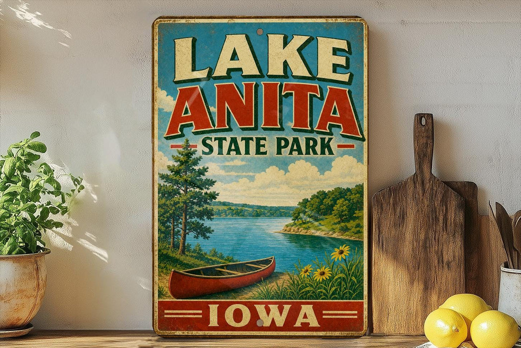 A vintage-style sign for Lake Anita State Park in Iowa, featuring a scenic illustration of a lake, canoe, and surrounding landscape.