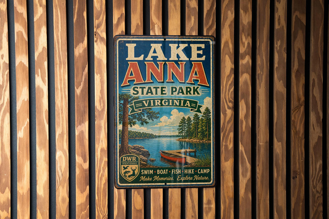A vintage-style metal sign for Lake Anna State Park in Virginia, featuring a scenic image of a lake, trees, and a boat.