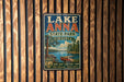 A vintage-style metal sign for Lake Anna State Park in Virginia, featuring a scenic image of a lake, trees, and a boat.
